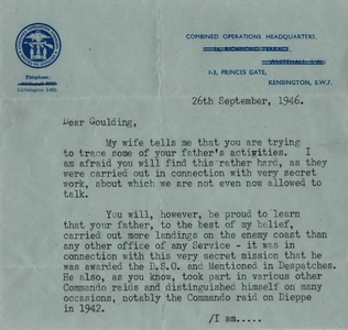 Letter of Chief of Combined Operations Maj.Gen. R.E. Laycock about the wartime activities of Cdr. H.W. Goulding (Courtesy of Mr Charlie Goulding)