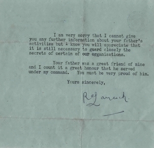 Letter of Chief of Combined Operations Maj.Gen. R.E. Laycock about the wartime activities of Cdr. H.W. Goulding (Courtesy of Mr Charlie Goulding)